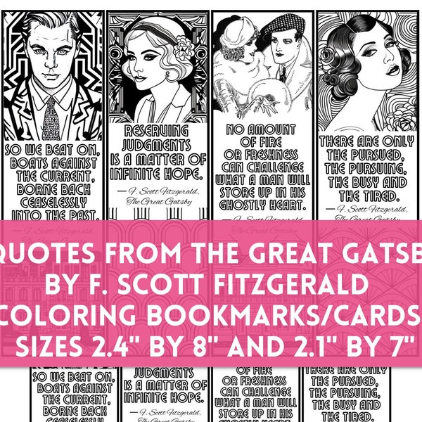 Great Gatsby F S Fitzgerald Quotes Coloring Bookmarks, Book Club Classroom Relaxing Colouring Activity Cards, Literary DIY Craft PDF