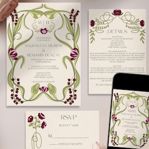 May include: Wedding invitation suite featuring a floral design with burgundy and green accents. The invitation includes the names Magdalena Murray & Benjamin Duncan, event details, and RSVP card. A smartphone displays the invitation design.