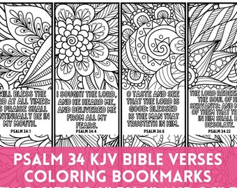 Psalm 34 Coloring Bible Verse Bookmarks KJV Scripture Doodle Colouring Christian Relaxing Activity, Printable Sunday School Craft Cards