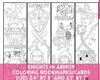 Knights In Armor Coloring Bladwijzers voor kinderen, Cute Dragon Castle Boys Birthday Party Craft, DIY Gift Tags Aandenken Kaarten Gunsten PDF