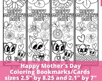 Happy Mother's Day Coloring Bookmarks for Kids, Cute Animal Fox Mom Flowers Cards, Printable PDF Colouring Party Classroom Activity Craft