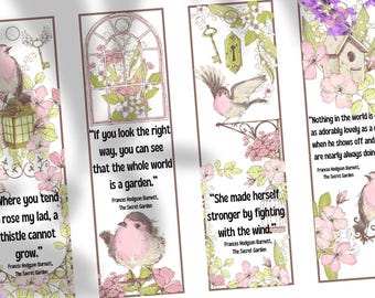 Marcapáginas imprimibles de El Jardín Secreto con flores, pájaros y citas para mujeres y niñas. Recuerdos florales para fiestas escolares. Marcapáginas. Regalo para clubes de lectura.
