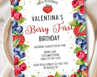 Berry First Birthday Invitation Template Editable Canva Colorful Mixed Berry Party Invite Girl 1st Birthday Strawberry Blueberry Digital PDF