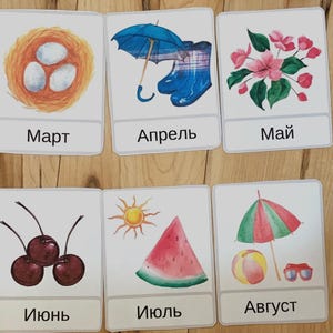 Russische Sprachen Monate Jahreszeiten Karteikarten Poster Russisch Montessori Printable PDF Homeschool Natur Lernspiel Aquarell