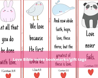Love Bible Verse Bookmarks for Kids, Cute Animals & Hearts, Christian Keepsake Friend Valentines, Class Party Favor Cards, Printable PDF