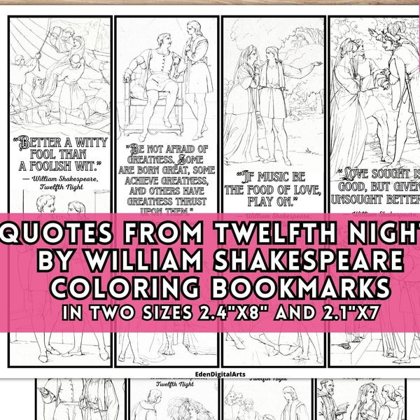 Twelfth Night Play Shakespeare Quotes Coloring Bookmarks, Keepsake Literary DIY Card, Book Club Class Library Discussion Activity Craft