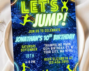 Editable Trampoline Birthday Invitation for Boys Neon Glow Jump Party Invite Blue Green Bounce Park Digital Glow Jump Birthday Template PDF