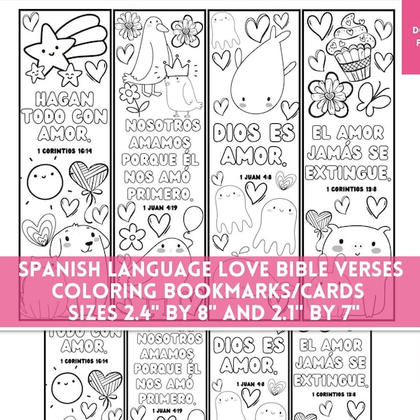 Colorez vos marque-pages versets de la Bible d'amour espagnol et animaux mignons, cartes de coloriage des Écritures chrétiennes espagnoles étiquettes-cadeaux, artisanat de fête, PDF