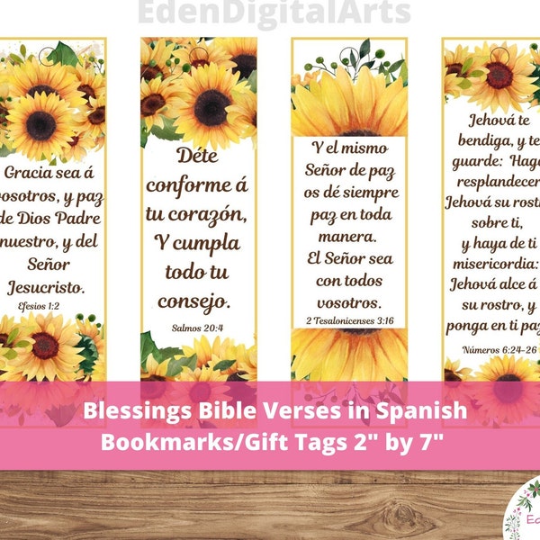 Versets bibliques Bénédictions signets en espagnol avec tournesols, aquarelle florale Écriture en espagnol chrétien, cartes PDF imprimables, étiquettes cadeaux