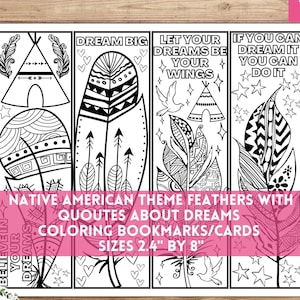 May include: Three black and white printable bookmarks featuring Native American-inspired feathers with inspirational quotes about dreams. The quotes are "Dream Big", "Let Your Dreams Be Your Wings", and "If You Can Dream It You Can Do It". The bookmarks are 2.4 inches by 8 inches.