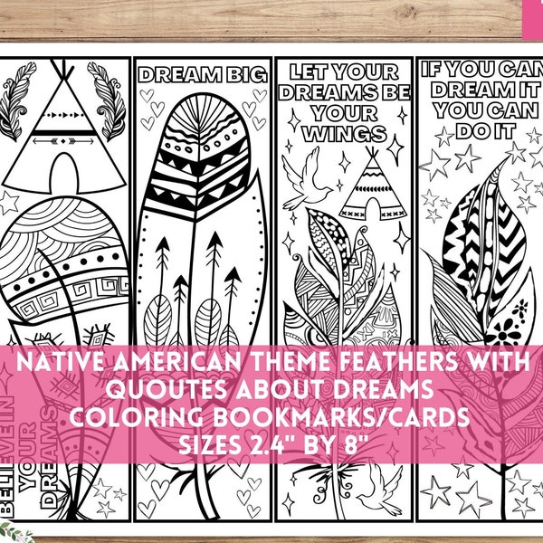 Native American Feathers Dream Quotes Coloring Bookmarks, Indigenous People Culture Appreciation DIY Craft Cards, Inspirational Sayings PDF