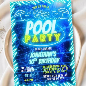 Invito di compleanno per festa in piscina modificabile, invito al neon per nuotare per ragazzi, modello Canva per compleanno in piscina blu e verde, download digitale, invito per ragazzi