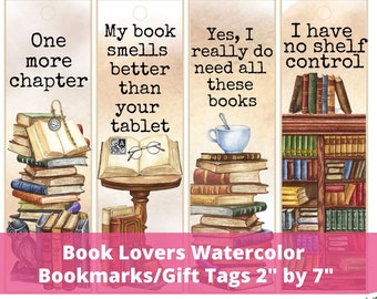 Book Lovers Funny Quotes Bookmarks Set, Bookish Reader Sayings Book Club Favors, Literary Watercolor Cards Friend Gift Tags, Printable PDF