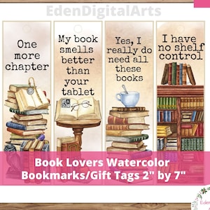 Book Lovers Funny Quotes Bookmarks Set, Bookish Reader Sayings Book Club Favors, Literary Watercolor Cards Friend Gift Tags, PDF imprimable