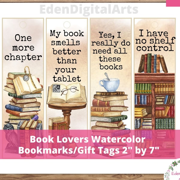 Book Lovers Funny Quotes Bookmarks Set, Bookish Reader Sayings Book Club Favors, Literary Watercolor Cards Friend Gift Tags, Printable PDF