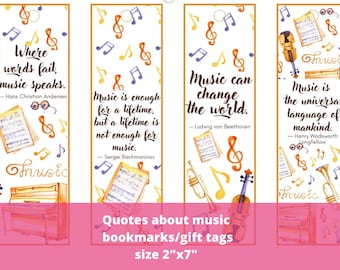 Famous Quotes About Music Bookmarks, Musical Inspirational Cards or Gift Tags, Watercolor Piano Violin, Orchestra Teacher Student Gift PDF