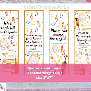 Beroemde citaten over muziek Bladwijzers, muzikale inspirerende kaarten of cadeaukaartjes, aquarel pianoviool, orkestleraar student cadeau-pdf