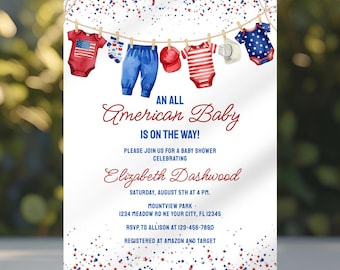All American Baby Shower Invitation Template Editable Clothesline Invite Patriotic Red White Blue Baby Shower Invite USA Gender Neutral PDF