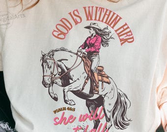 God is in haar cowgirl westerse christelijke sublimatieontwerp png-PNGE Retro rodeo bijbelvers T-shirt afbeelding