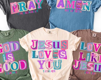 Paquete PNG de collage de citas cristianas: 5 diseños coloridos de versículos bíblicos estilo preppy Y2K para sublimación, gráficos para camisetas con citas de fe.