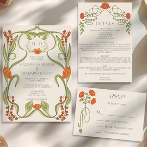 May include: Wedding invitation suite featuring Art Nouveau floral designs in orange and green on a cream background. The suite includes an invitation, details card, and RSVP card. The invitation includes the names Magdalena Murray & Benjamin Duncan.