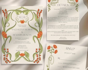 May include: Wedding invitation suite featuring Art Nouveau floral designs in orange and green on a cream background. The suite includes an invitation, details card, and RSVP card. The invitation includes the names Magdalena Murray & Benjamin Duncan.