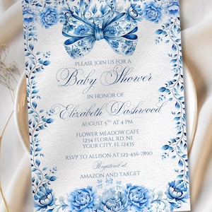 French Blue Toile Baby Shower Invitation Template Editable Floral Chinoiserie Bow Invite Elegant Victorian Blue Baby Boy Shower Evite PDF