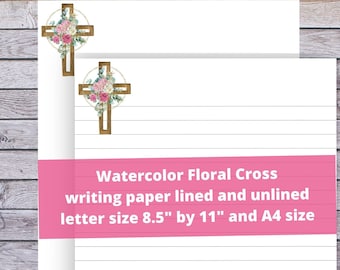 Floral Cross Writing Paper Printable Christian Stationery Lined and Blank, A4 & Letter 4 PDF Pages, Journal Paper Craft, Notes Writing