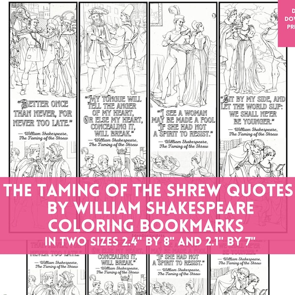 Shakespeare Quotes Coloring Bookmarks, Taming of the Shrew Play Literary DIY Card, Book Club Class Library Activity Craft