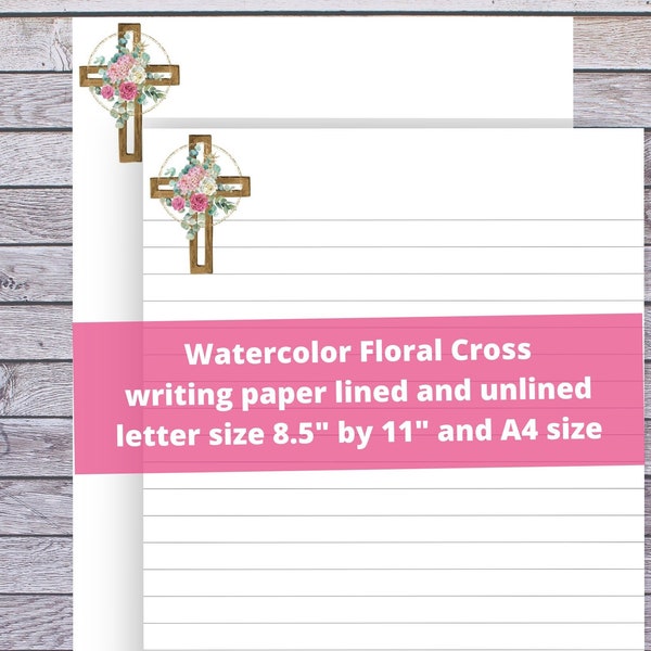 Floral Cross Writing Paper Printable Christian Stationery Lined and Blank, A4 & Letter 4 PDF Pages, Journal Paper Craft, Notes Writing