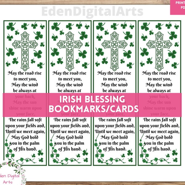 Old Irish Blessing Bookmarks, Celtic Cross Prayer Cards, St Patrick's Day Green Clover Shamrock, Keepsake Hang Gift Tag, Party Favors PDF