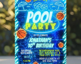 Basketbal Pool Party verjaardagsuitnodiging Neon Glow zwemuitnodiging voor jongens Team Canva bewerkbare sjabloon digitale download