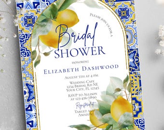 Italian Blue Tiles Lemons Bridal Shower Invitation Template Mediterranean Citrus Editable Invite Summer Amalfi Coast Theme Bridal Shower PDF