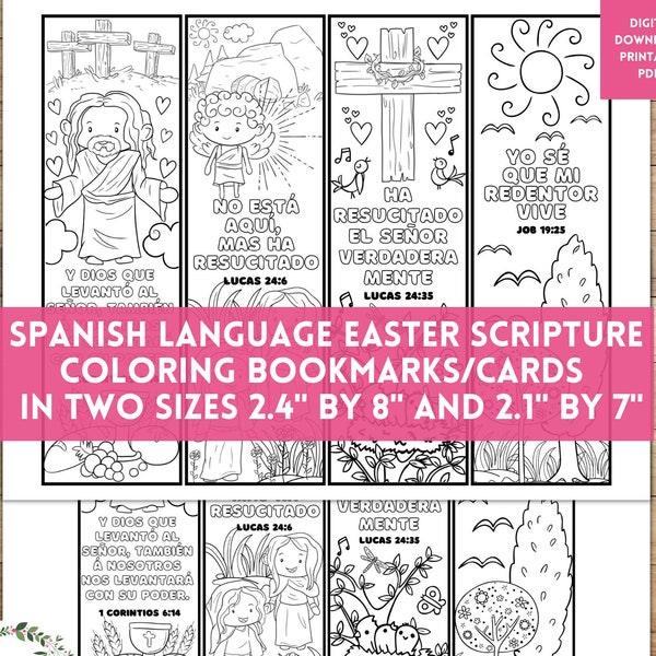 Color Your Bookmarks Spanish Easter Bible Verses for Kids, Cute Espanol Christian Scripture Coloring Cards Gift Tags, Party Craft, PDF