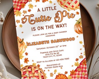 A Little Cutie Pie Baby Shower Invitation Template Editable Gender Neutral Fall Baby Shower Invite Pumpkins Leaves Gingham Instant Download