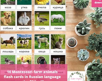 Tarjetas didácticas de animales de granja rusos, fotos reales, imprimibles, Montessori en PDF, para niños pequeños, preescolar, educación en casa, juegos de palabras escolares rusos, descarga