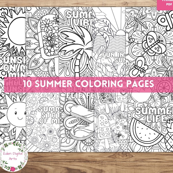 Summer Time Doodle Coloring Pages for Kids or Adults, Classroom Relaxing Anxiety Stress Relief, Short Quotes with Ice Cream Sunshine