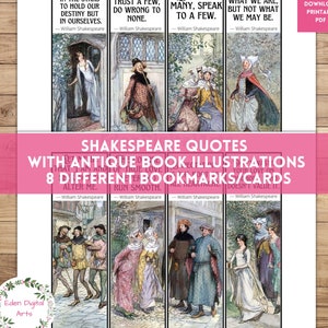 Citazioni di Shakespeare Segnalibri, Illustrazioni di libri antichi estetici, Carte di favore del Club del libro, Etichette regalo per amici letterari Amante dei libri PDF