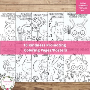 Coloring Pages for Kids with Kindness Encouraging Quotes Cute Animals, Be Kind Friend Positivity Posters, Whimsical Party or Classroom Craft
