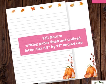 Fall Pumpkins Stationery Writing Paper Lined Unlined, A4 & US Letter 4 Printable PDF Pages, Journal or Notes Autumn Nature Berries Paper