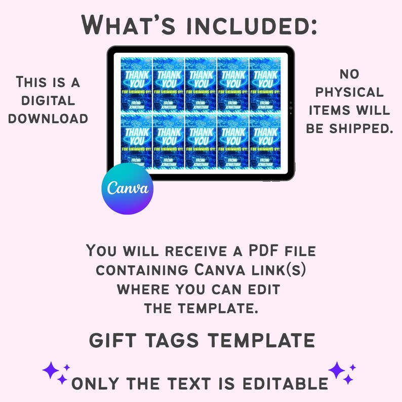 Editable Pool Party Favor Tag Template Blue Neon Glow Boy Birthday Gift ...