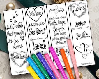 Color Your Bookmarks Love Bible Verses DIY Christian Valentines Printable Scripture Cards Gift Tags PDF