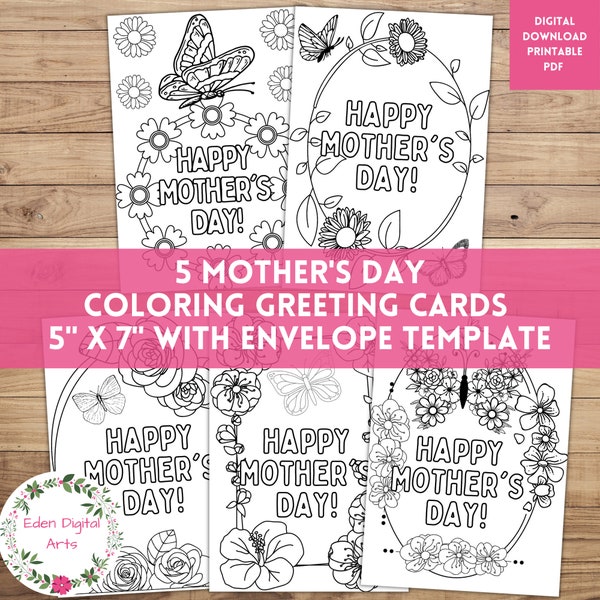 Happy Mother's Day Coloring Cards, Floral Color Your Own DIY Cards for Moms with Flowers and Butterflies, Classroom School Craft PDF
