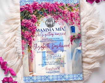 Mamma Mia Bridal Shower Invitation Template Greek Disco Ball Invite Editable Watercolor Floral Pink Blue Tiles Santorini Dance Party Evite