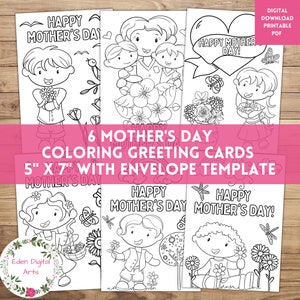 Lindas tarjetas para colorear del día de la madre para niños, colorea tus propias tarjetas kawaii para mamás con flores y mariposas, manualidad escolar en el aula PDF