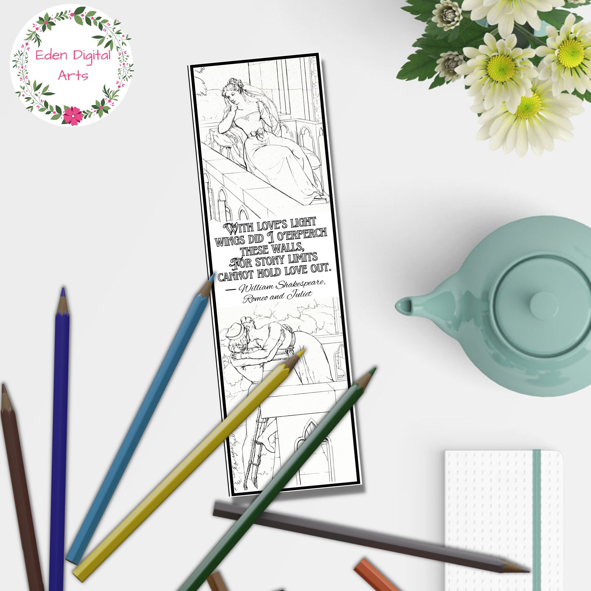 Romeo and Juliet Shakespeare Quotes Coloring Bookmarks Literary DIY ...