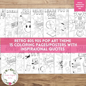 Retro Pop Art Coloring Pages 80s 90s Comic Symbols Inspirational Growth Mindset Quotes Posters Classroom Coloring Decor Party Craft PDF
