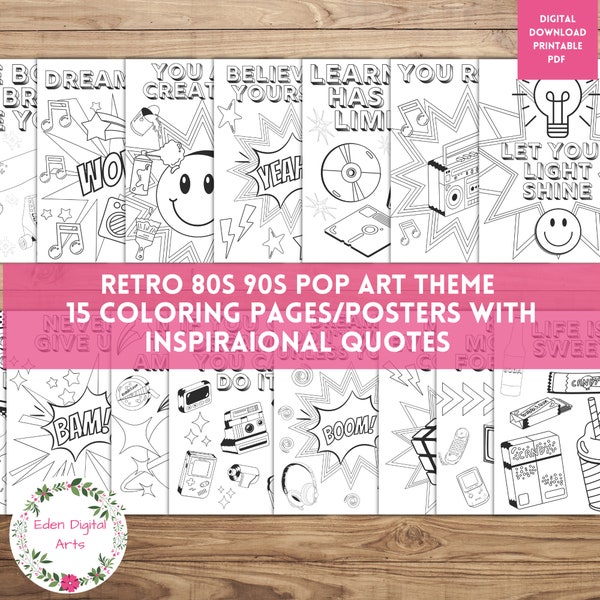 Retro Pop Art Coloring Pages, 80s 90s Comic Symbols Inspirational Growth Mindset Quotes Posters, Classroom Colouring Decor, Party Craft PDF
