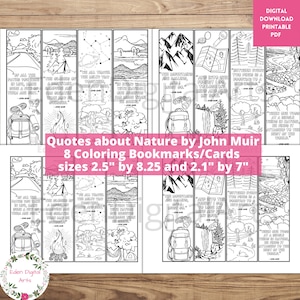 Natuurliefhebber John Muir citaten 8 kleurplaten bladwijzers, kamperen wandelen verkennen, klaslokaal kampambachten kleuren bomen activiteitenkaarten, cadeaukaartjes