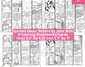 Nature Lover John Muir Quotes 8 Coloring Bookmarks, Camping Hiking Exploring, Classroom Camp Craft Colouring Trees Activity Cards, Gift Tags